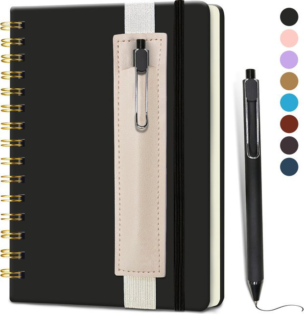 A5 Leder-Hardcover Spiralnotizbuch mit Stift und Stifthalter, liniertes Papier, 80 Blatt/160 Seiten, in Schwarz oder Lila - Bild 1
