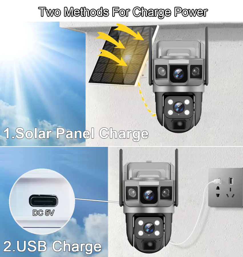 V380 Pro Solar Kamera mit 4G SIM Outdoor Dual Objektiv und drei Bildschirmen, PTZ IP Kamera mit PIR Human Detect und Akku, Weiß - Bild 2