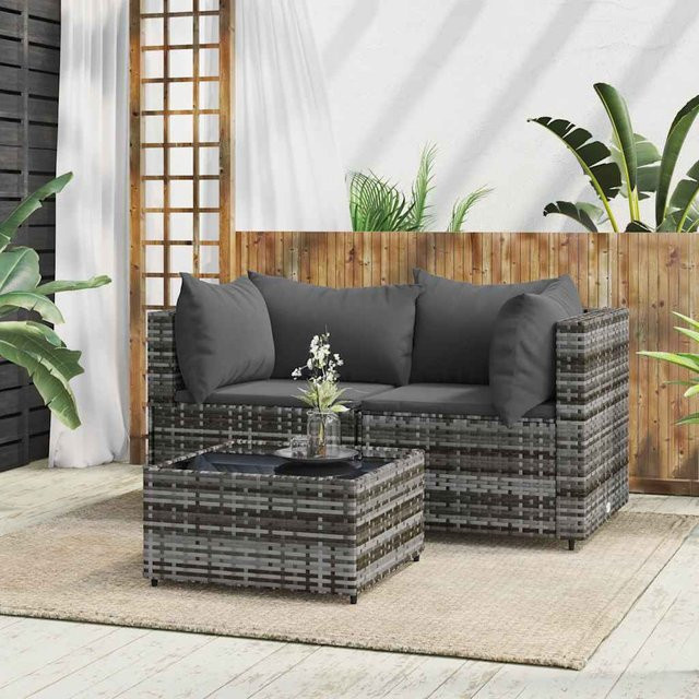 vidaXL 3-tlg. Garten-Lounge-Set in L-Form aus grauem PE-Rattan mit Polsterkissen - Bild 3