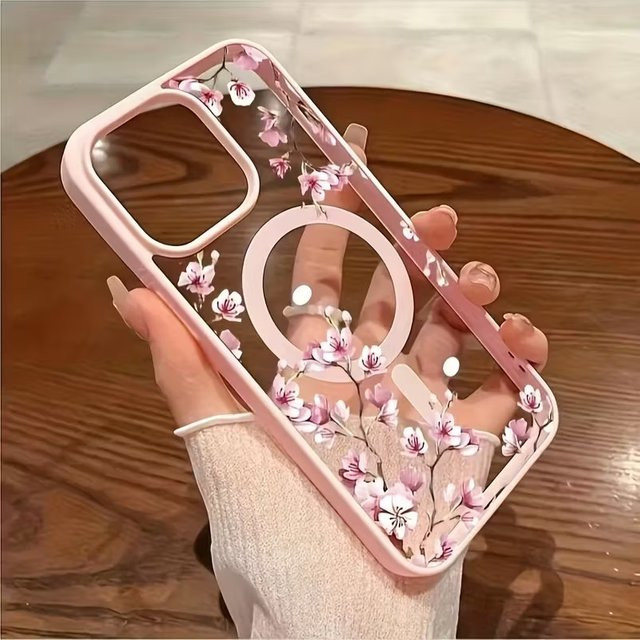 Elegante Magnetische Hülle mit rosa Kirschblüten Blumenmuster für Samsung Galaxy S26 S25 Ultra S24 Plus S23 FE A57 A37 A17 A16 A56 A55 in Pink und Weiß mit kabelloser Ladefunktion - Bild 1