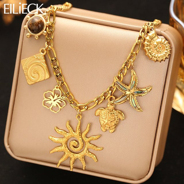 EILIECK Halskette, Edelstahl, Gold, Schildkröte, Blume, Sonne, Damen - Bild 1