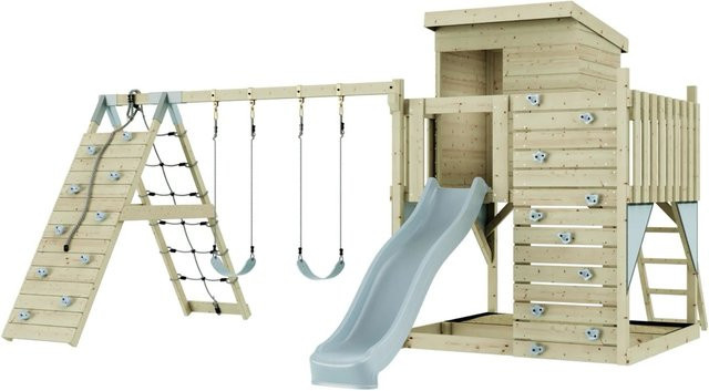 PolarPlay Spielturm Frida aus Holz mit Kinderschaukel und Rutsche, Eisblau - Bild 1