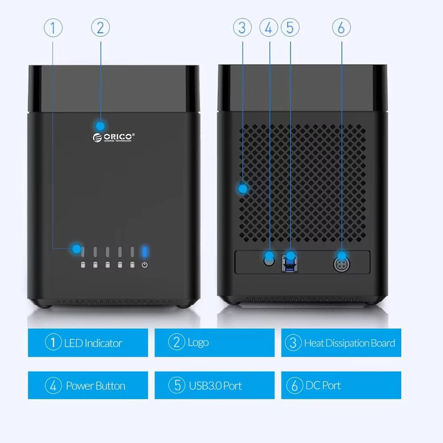 ORICO USB 3.0 und USB-C Festplattengehäuse mit 5 Einschüben für 3,5 Zoll SATA HDD, Tool-Free Magnetic-Type Dockingstation, Schwarz - Bild 4