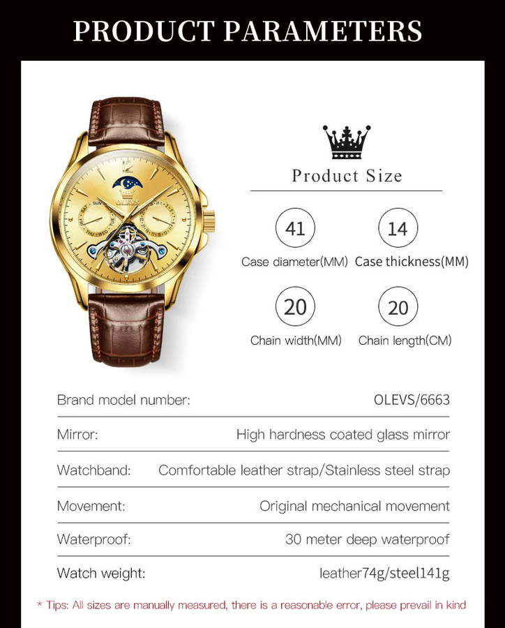 OLEVS Armbanduhr, Automatik, Edelstahl, Leder, Gold, Herren - Bild 5