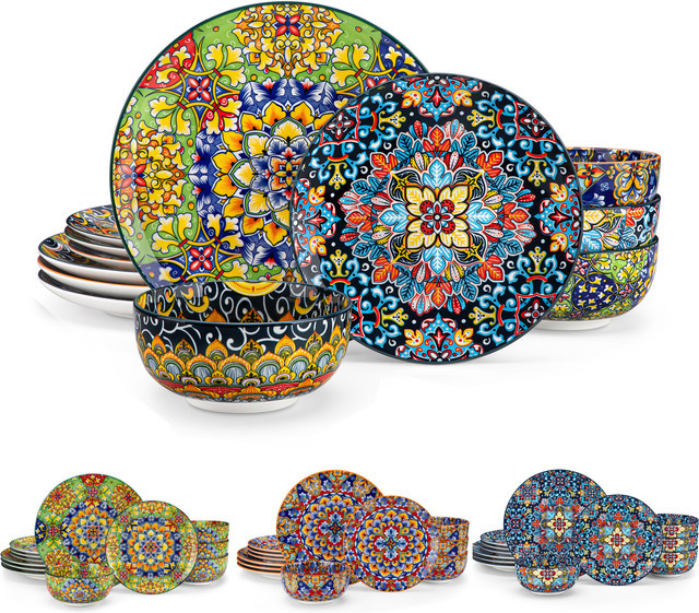 vancasso 12/24-teiliges Keramik-Geschirrset aus Porzellan im Bohemian-Stil mit floralem Design, grün und mehrfarbig - Bild 1
