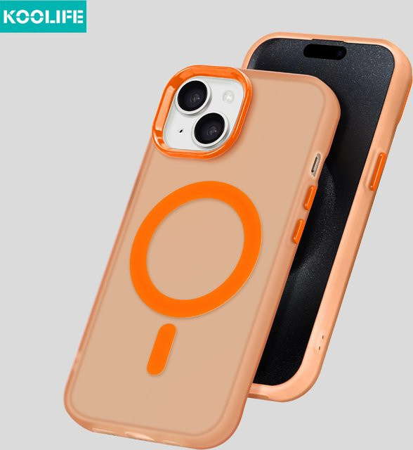 KOOLIFE MagSafe Color Block Frosted Clear Case mit Metallknöpfen für iPhone 11 bis iPhone 16 Pro Max Plus in Transparent, Pink und Orange - Bild 1