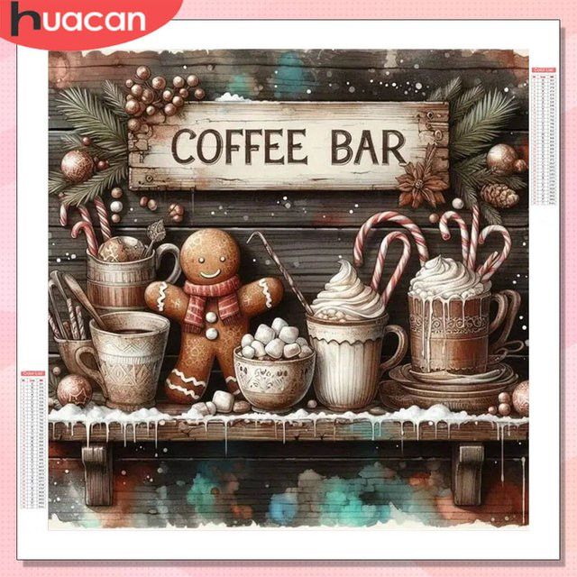 HUACAN 5D Diamantgemälde Kaffeetasse Landschaft Weihnachten mit runden Strasssteinen und Mosaik-Text - Bild 1