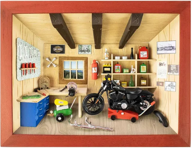 3D-Holzbild Motorradwerkstatt im Industrial-Stil, Mehrfarbig, Breite: 30,0 cm, Höhe: 22,0 cm - Bild 1