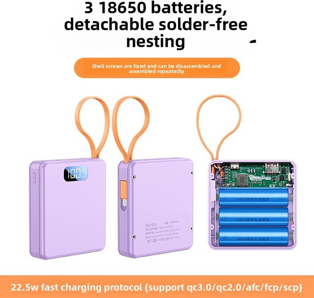 Jiansu DIY Power Bank Gehäuse für 3x 18650 Batterien mit Schnellladefunktion und Ladekabel in Weiß oder Lila - Bild 1