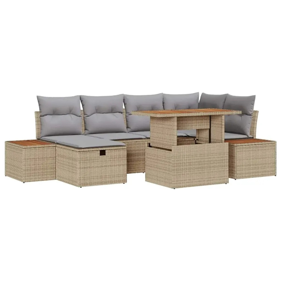 vidaXL Garten-Sofa-Set aus Polyrattan in Beige, 7-teiliges L-Shape Lounge-Set mit Polsterung und Kissen für Terrasse und Garten - Bild 2