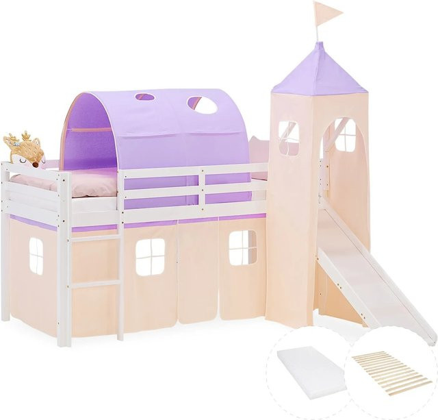 Homestyle4u Kinder Hochbett aus massivem Kiefernholz mit Rutsche, Treppe und Matratze, B/T/H: 207,5 x 90 x 217,5 cm - Bild 1