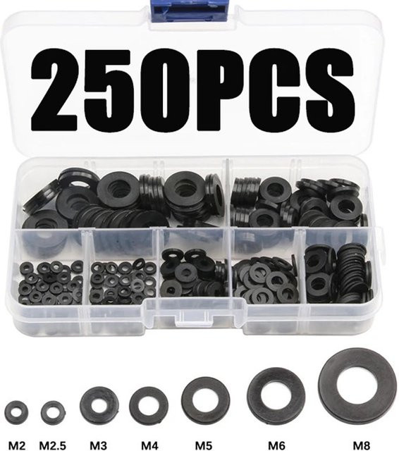 250 Stück Hart-Nylon-Kunststoff-Unterlegscheiben Set als Isolationsabstandshalter und Dichtungen in Schwarz und Weiß für M2 M2,5 M3 M4 M5 M6 M8 - Bild 1