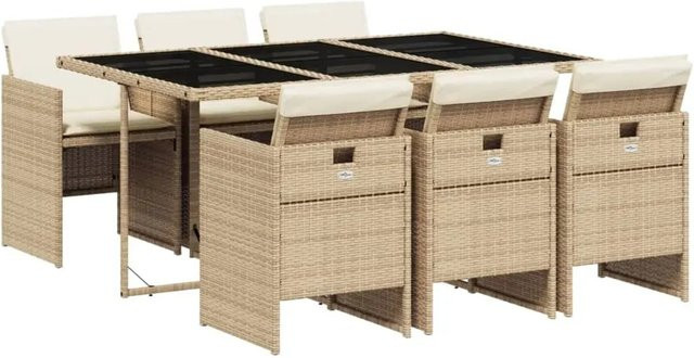 vidaXL 7-teilige Garten-Essgruppe aus Poly-Rattan in Beige mit Kissen und Hartglas-Tischplatte - Bild 1