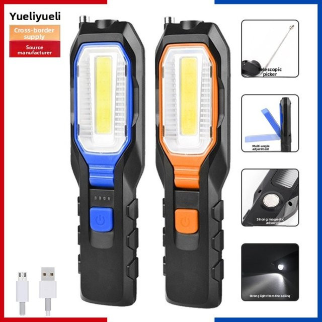 QHSPE LED Arbeitsleuchte mit USB-Ladefunktion, COB-Taschenlampe mit Haken und Magnet in Orange und Schwarz - Bild 1