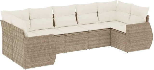 vidaXL 7-teilige Garten-Sofagarnitur in L-Form aus Poly-Rattan in Beige mit Kissen und Stauraum - Bild 1