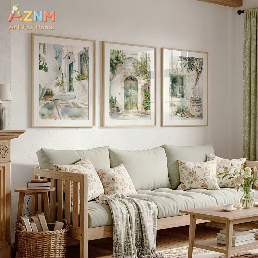 AZNM Aquarell-Leinwanddruck Mediterranes Dorf auf der Straße, Boho-Wandkunst im griechisch-italienischen Küstenstil, mehrfarbig, rechteckig - Bild 2