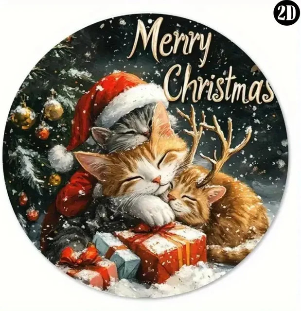 HELLOYOUNG Merry Christmas Weihnachtsschild mit Katzen- und Rentiermuster, rund, mehrfarbig - Bild 1