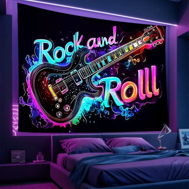 VIKAMA Neon Rock Wandteppich mit E-Gitarre Motiv in Multicolour für eine moderne Musik-Dekoration - Bild 1