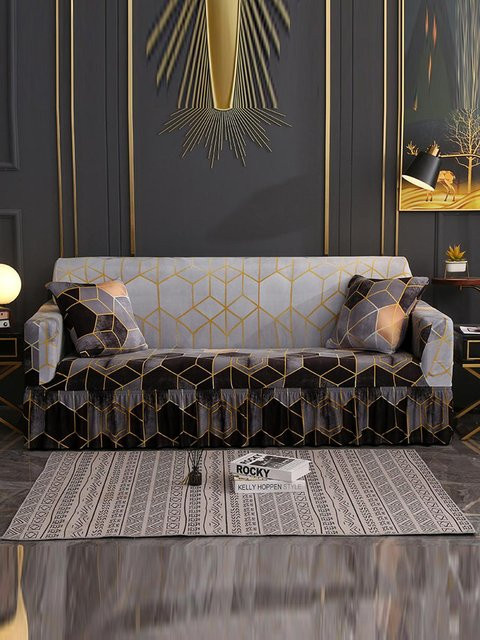 Elastischer Stretch Sofabezug mit Rock für Sofa und Sessel, Grau, Floral Design - Bild 1