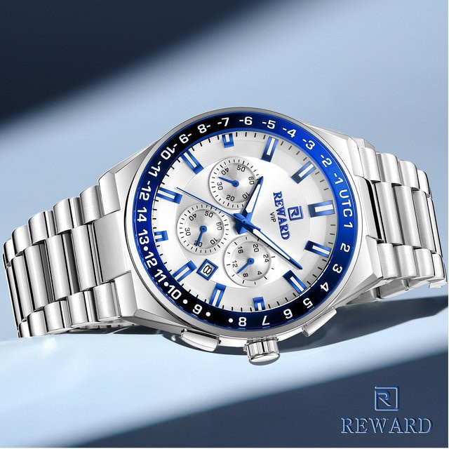 REWARD Armbanduhr Quarz, Edelstahl, Silber, Weiß, Herren - Bild 1