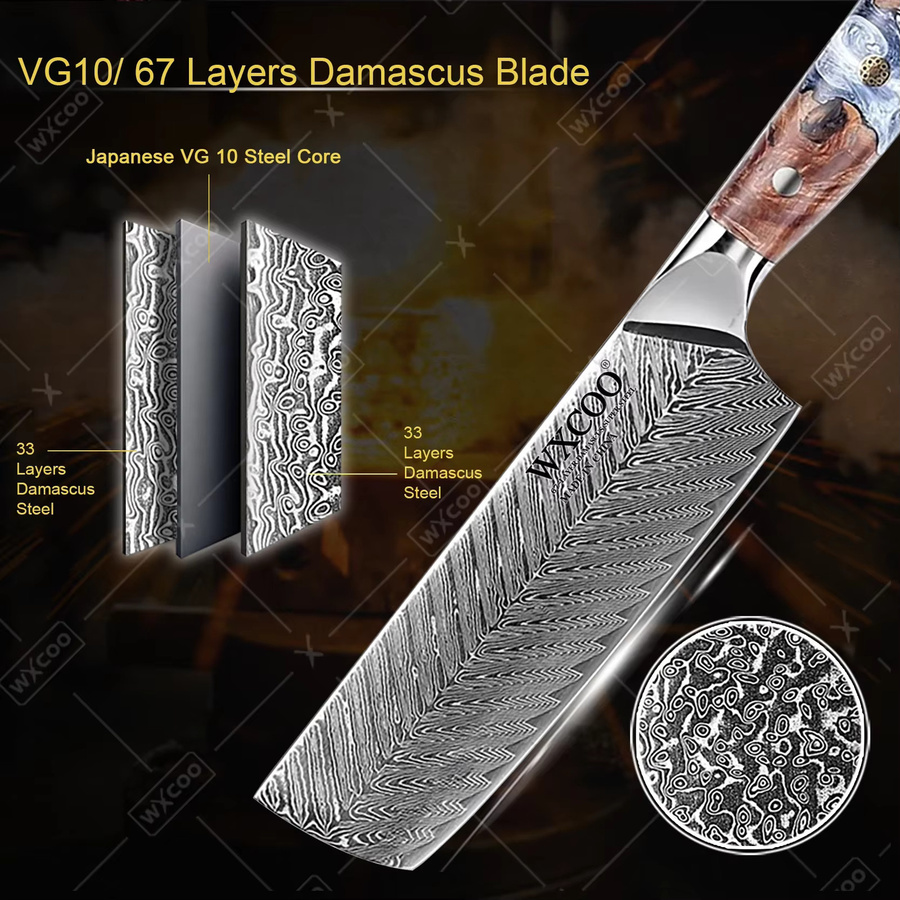 WXCOO Damaskus Küchenmesser und Küchenschere Set aus VG10 Stahl in Silber mit Holzgriff - Bild 2