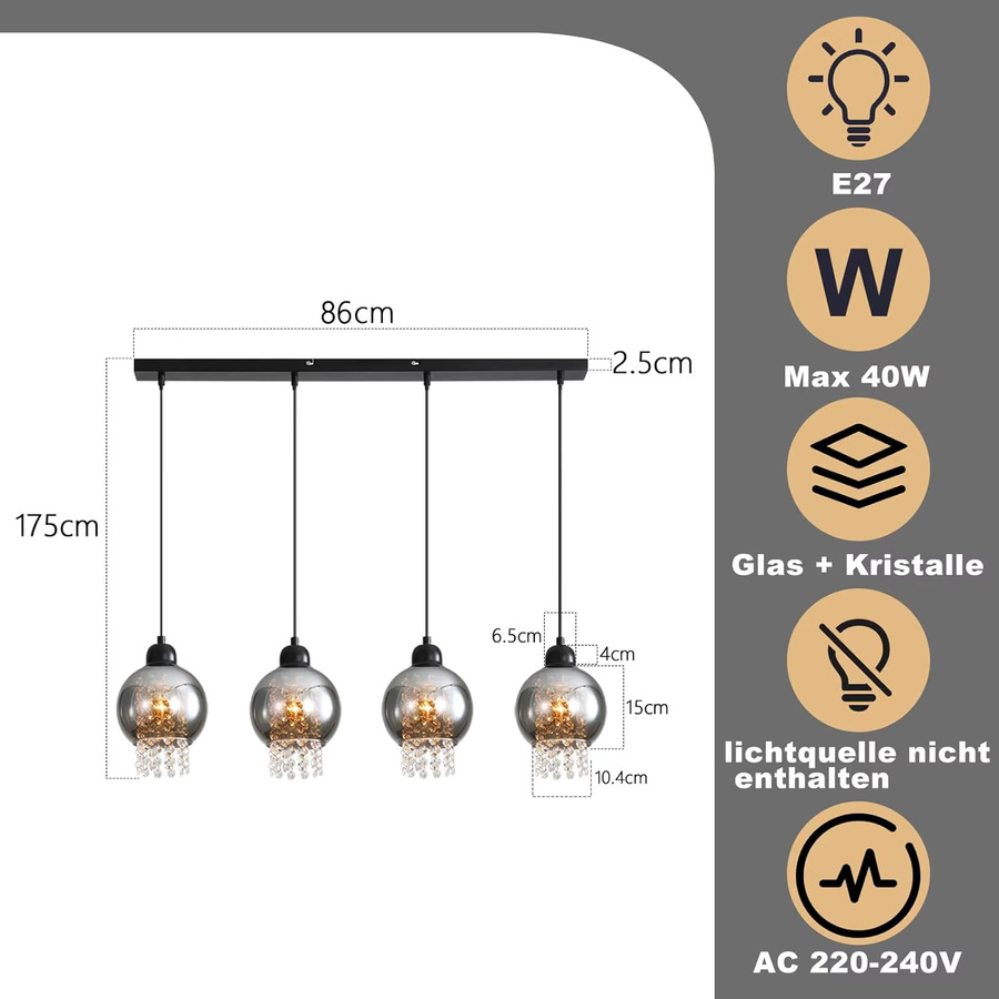4-flammige Pendelleuchte aus Glas in Rauchgrau für Esszimmer, Wohnzimmer und Küche mit E27 Fassung - Bild 3