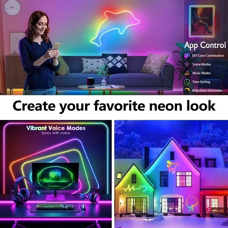 LeiiGeeGo RGBIC Neon-LED-Lichterkette mit Bluetooth-Fernbedienung, wasserdichte adressierbare Neon-Flex-Lichtleiste in Multicolor für Außenbereich, Garten und Terrasse, 24V - Bild 6