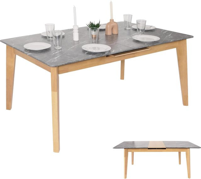 Ausziehbarer Esszimmertisch MCW-M57 in Marmor/Stein-Optik mit hellen Beinen, B/T/H: 160-200 x 90 x 77 cm - Bild 1