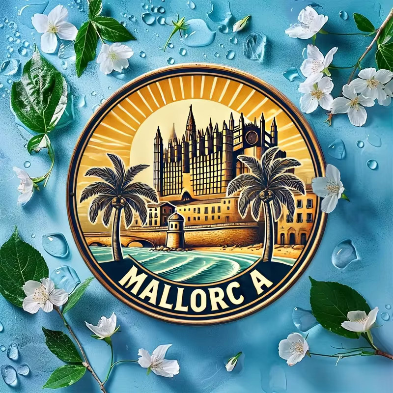 Runde Wanddekoration aus Aluminium von Potdemiel mit Mallorca-Strandszene, Palmen und Schloss-Design, Mehrfarbig, Durchmesser: 20,32 cm - Bild 3