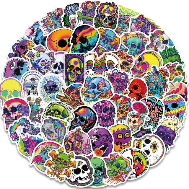 55 Stück psychedelische Totenkopf-Aufkleber in Multicolour, wasserfeste Sticker für deine Dekoration von RecordingYourLife Store - Bild 1