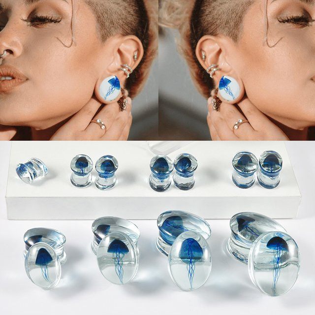 Ohrring Glas, ovale und transparente Ohrtunnel-Stecker, Blau, Quallen - Bild 1