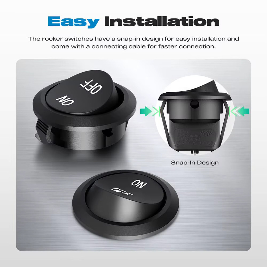 5er Set AOKIN Runde Rocker Schalter KCD1 SPST EIN/AUS Mini Kippschalter 2-Pin Schwarz für Auto und RV, 12V-120V, Durchmesser: 20 mm - Bild 5