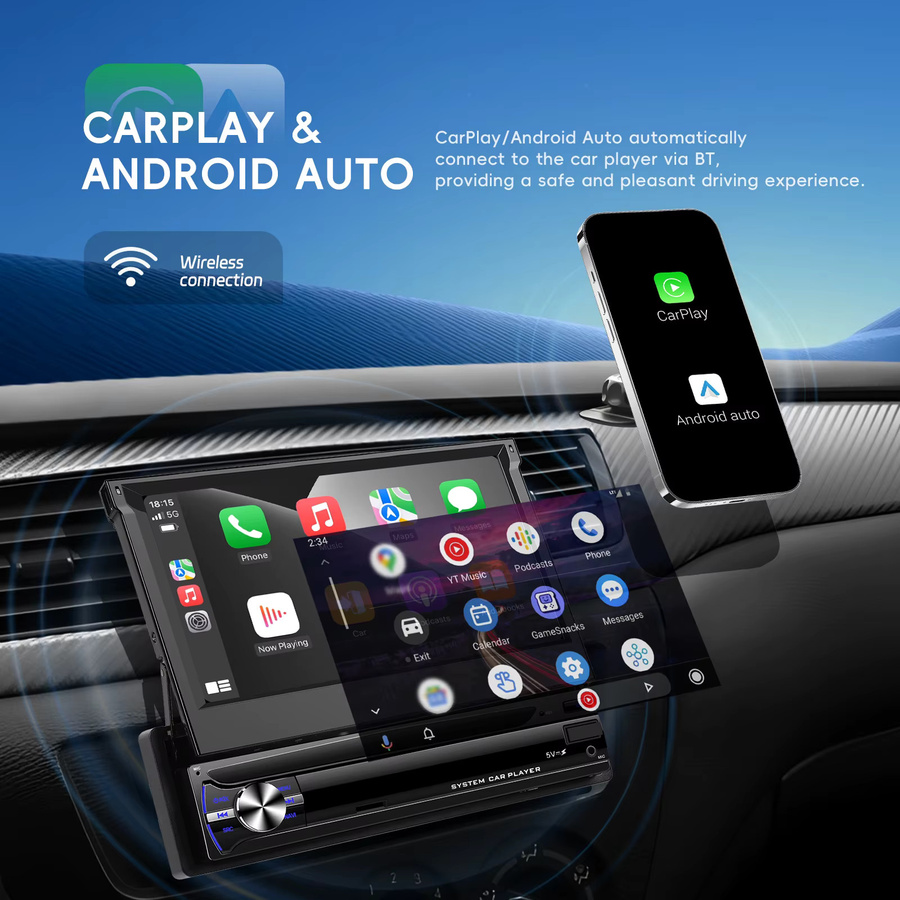 Podofo 1Din Carplay Auto Radio mit Android Auto, GPS Navigation, WLAN, Bluetooth und DSP, Schwarz - Bild 3