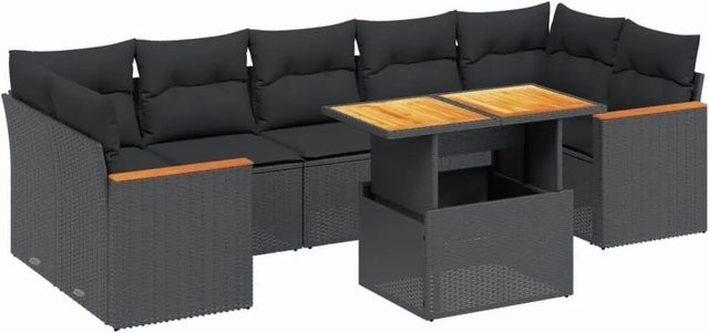 vidaXL 8-teilige Garten-Sofagarnitur in L-Form aus schwarzem Poly-Rattan mit Kissen und Akazienholz - Bild 1