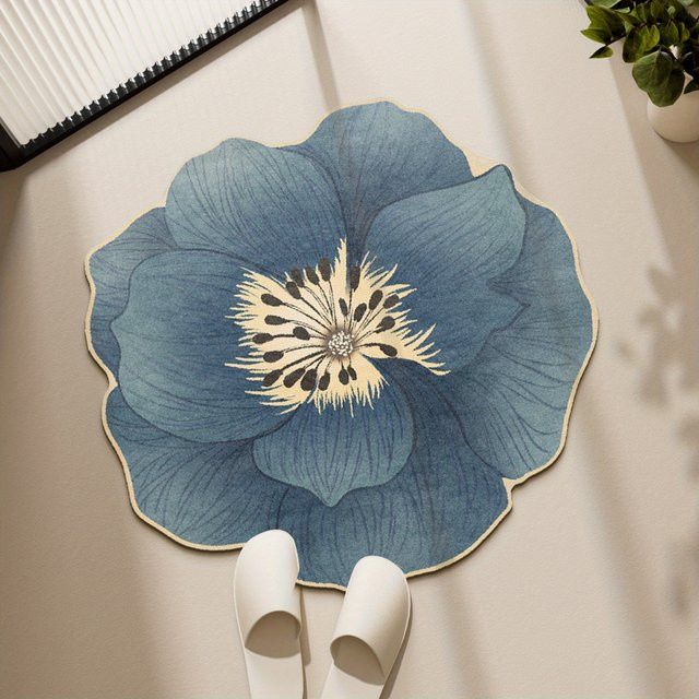 VIKAMA Badezimmermatte mit floralem Design in Blau, runder wasserabsorbierender Teppich für Bad und Dusche - Bild 1