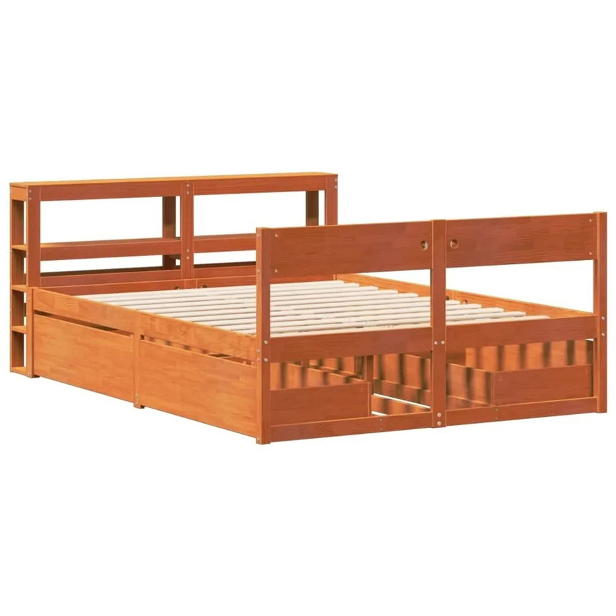 vidaXL Massivholzbett aus Kiefernholz in Braun mit Schubladen und Nachttischregal im rustikalen Design, B/T/H: 141 x 190 x 82 cm - Bild 2