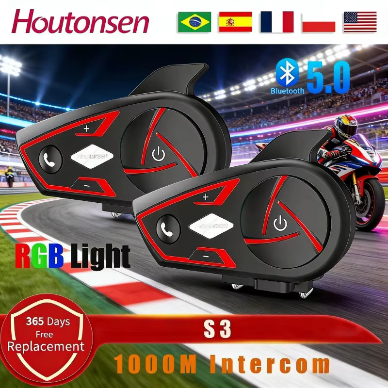 Houtonsen S3 Motorrad-Bluetooth-Intercom Wasserdichtes Helm-Headset mit RGB Ambientelicht in Schwarz - Bild 2
