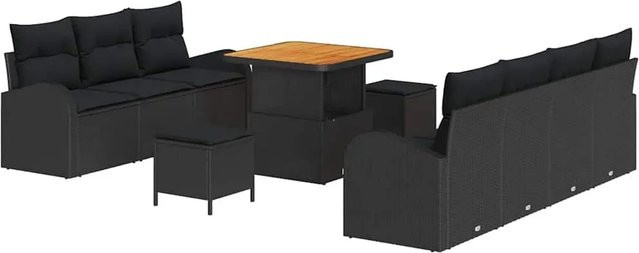vidaXL Garten-Sofa-Set aus Poly-Rattan in Schwarz mit 10 Teilen und Kissen im modernen U-Shape Design - Bild 1
