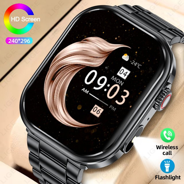 LIGE Smartwatch mit 2,01 Zoll Display für Herren und Damen mit Anruf-Funktion, Herzfrequenzmessung, SpO2 und Schlafüberwachung, wasserdicht, in Schwarz oder Pink - Bild 1
