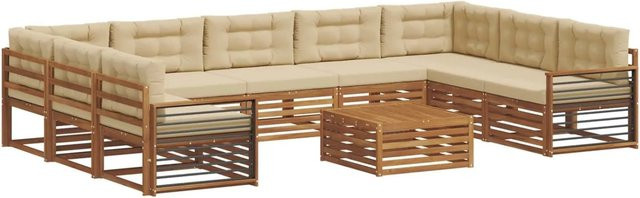 vidaXL Sofagarnitur aus Massivholz Akazie in Natur und Beige, 10-teiliges U-Shape Gartenmöbel-Set mit wetterfesten und abnehmbaren Polstern - Bild 1