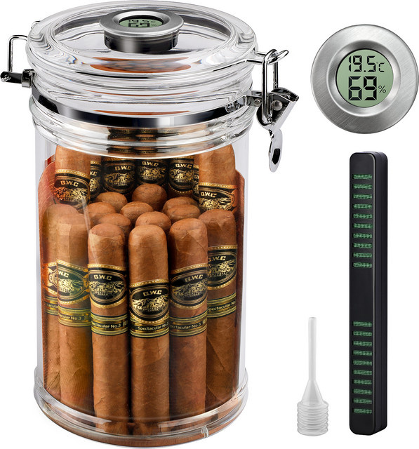 XIFEI Reise-Humidor aus Acryl und Zeder mit digitalem Hygrometer und Luftbefeuchter, transparent, passend für 15–20 Zigarren - Bild 1