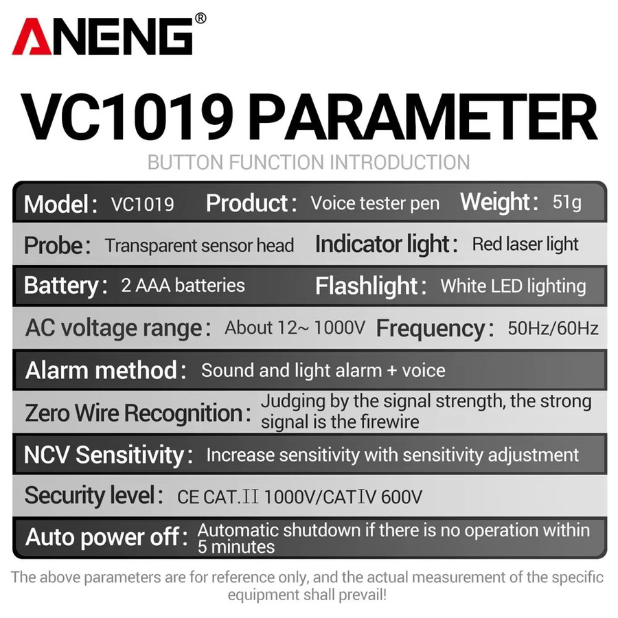 ANENG VC1019 Sprachgesteuerter Spannungsprüfer 12-1000V AC NCV Berührungsloser Detektor in Schwarz - Bild 6