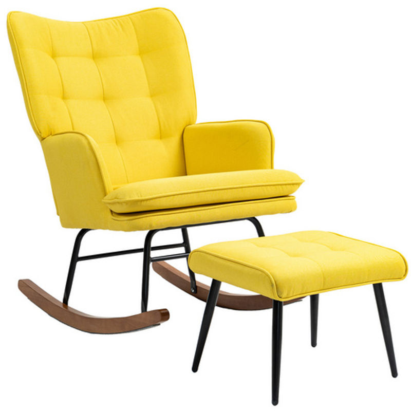 HOMCOM Schaukelstuhl mit Hocker in Leinenoptik, Farbe Gelb, B/T/H: 64 x 89 x 90 cm - Bild 5