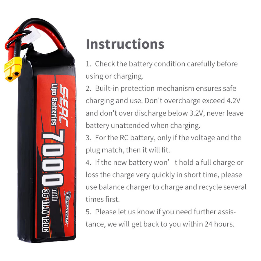 SUNPADOW RC Lipo-Akku 7000mAh 3S 11,1V mit 120C und XT60-Anschluss in Schwarz für RC-Flugzeuge, Quadcopter, Drohnen und Helikopter - Bild 4