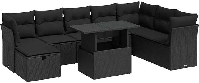 vidaXL 9-tlg. Garten-Sofagarnitur in U-Form aus schwarzem Poly-Rattan mit wetterfesten Kissen - Bild 1