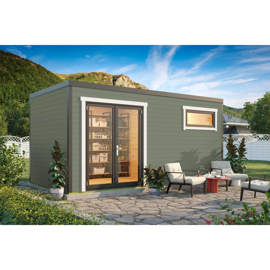 Lasita Holz-Gartenhaus Sardinia Blockbohlenhaus mit Flachdach in Grau-Grün lasiert, B/H/T: 500 x 239,4 x 250 cm - Bild 2