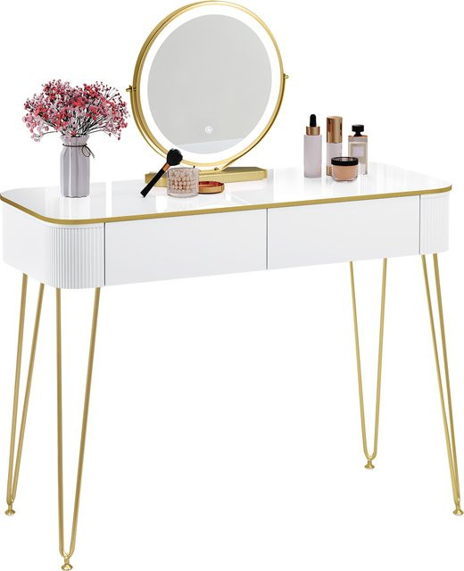 Eugad Schminktisch Weiß mit Gold-Akzenten und LED-Beleuchtung, moderner Kosmetiktisch mit Spiegel und großen Schubladen - Bild 1