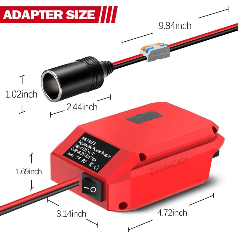BSIDE Power-Wheel-Adapter für Milwaukee 18V 20V Li-Ionen-Akkus, 18V auf 12V Abwärtswandler mit Zigarettenanzünder-Buchse, Farbe: Rot - Bild 4