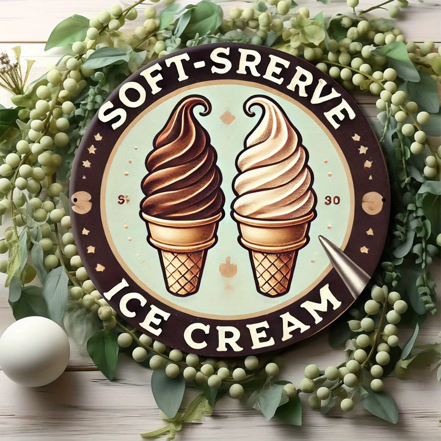 Potdemiel Vintage Soft-Serve Ice Cream Aluminium Wanddeko, runde Metall-Zierplatte mit Typografie-Design, Mehrfarbig, Durchmesser: 20 cm - Bild 5