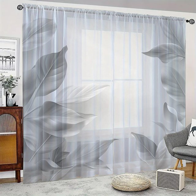 2 Stück moderne Vorhänge mit grauem Blättermuster im HD-Digitaldruck für Wohnzimmer und Schlafzimmer - Bild 1